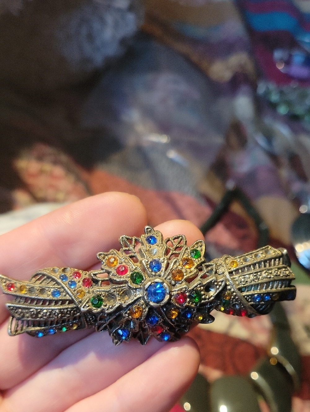 Vintage Multicolor Rhinestone Barrette Brooch A Lot Of Stones Missing